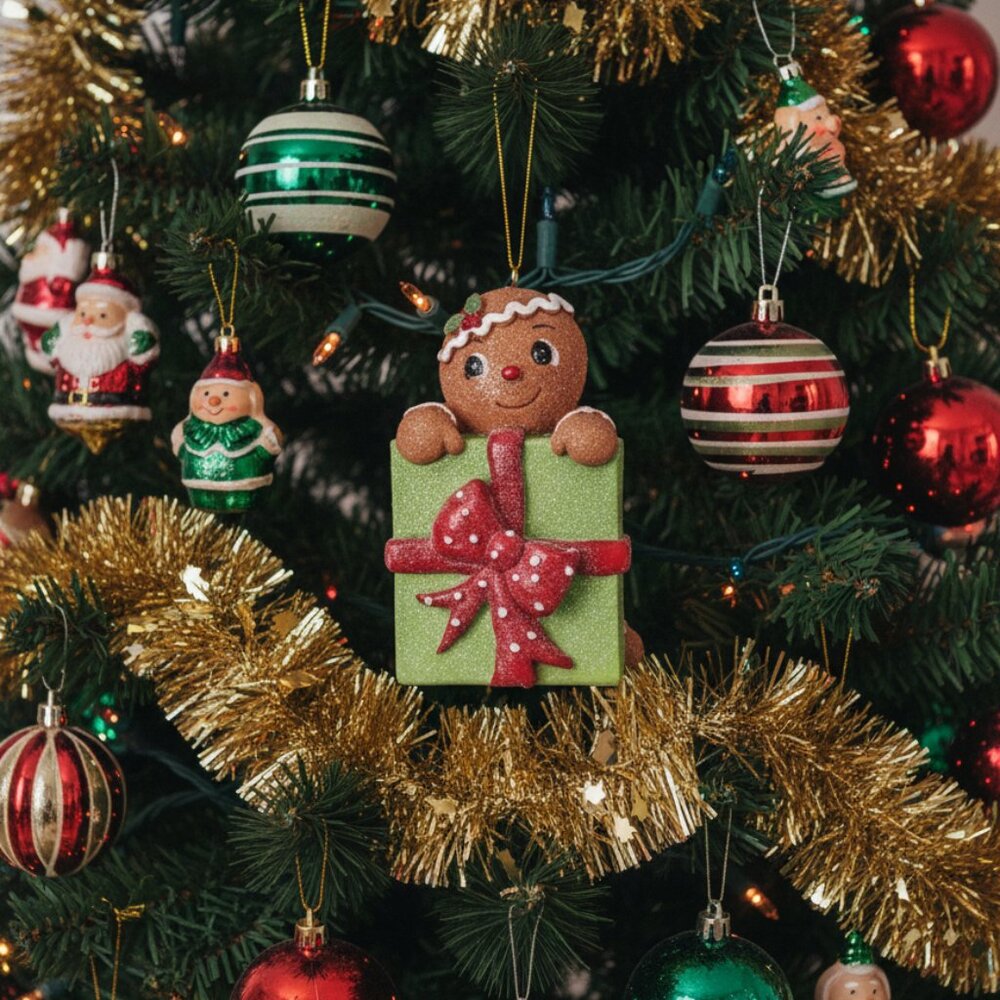 Resin Gingerbread with Green Package Ornament Christmas Home Decor Gift Keepsake